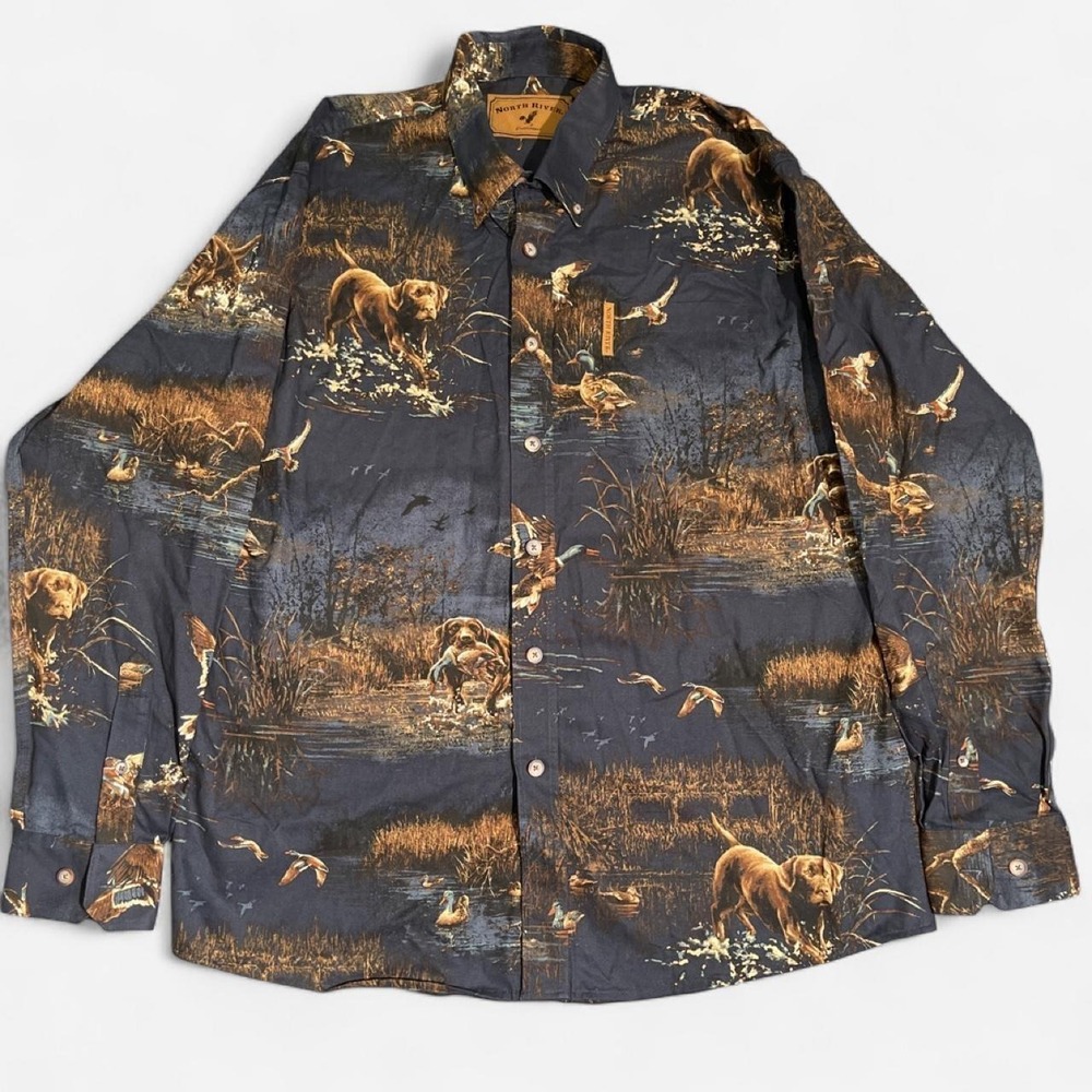 North River Outfitters Mens Mallard Duck Hunting Dog Print Shirt Navy Blue M